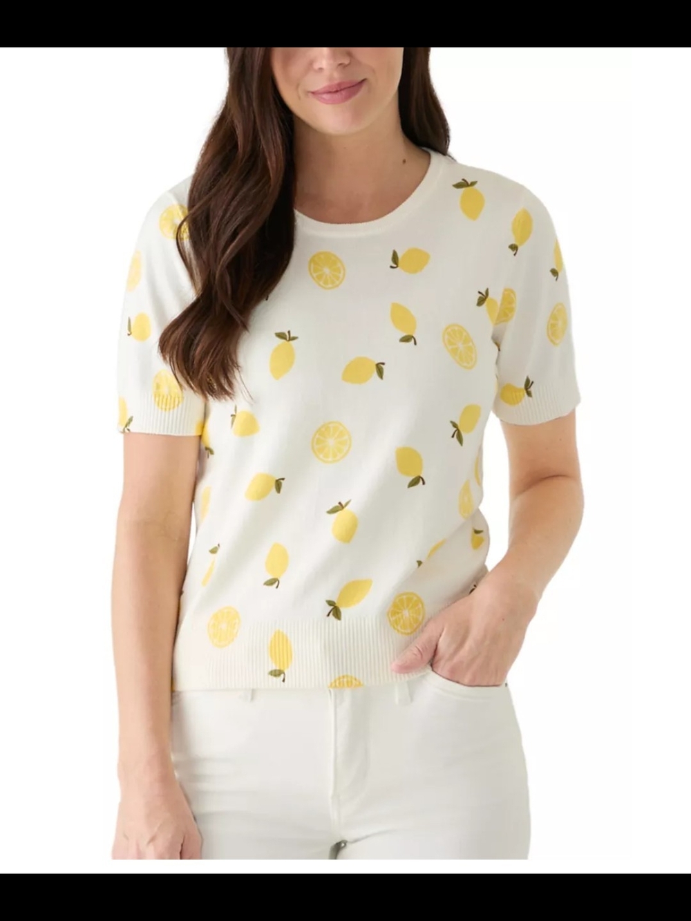 Cece Women’s Lemon Print Short Sleeve Sweater Top - White/Yellow